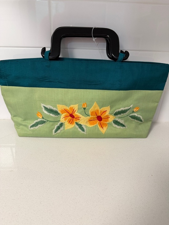 Handbags - Floral Embroidered Satin Green Tote Bag with Teal Accent